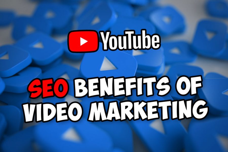  A blue and white background with the YouTube logo and the text 'SEO benefits of video marketing'.